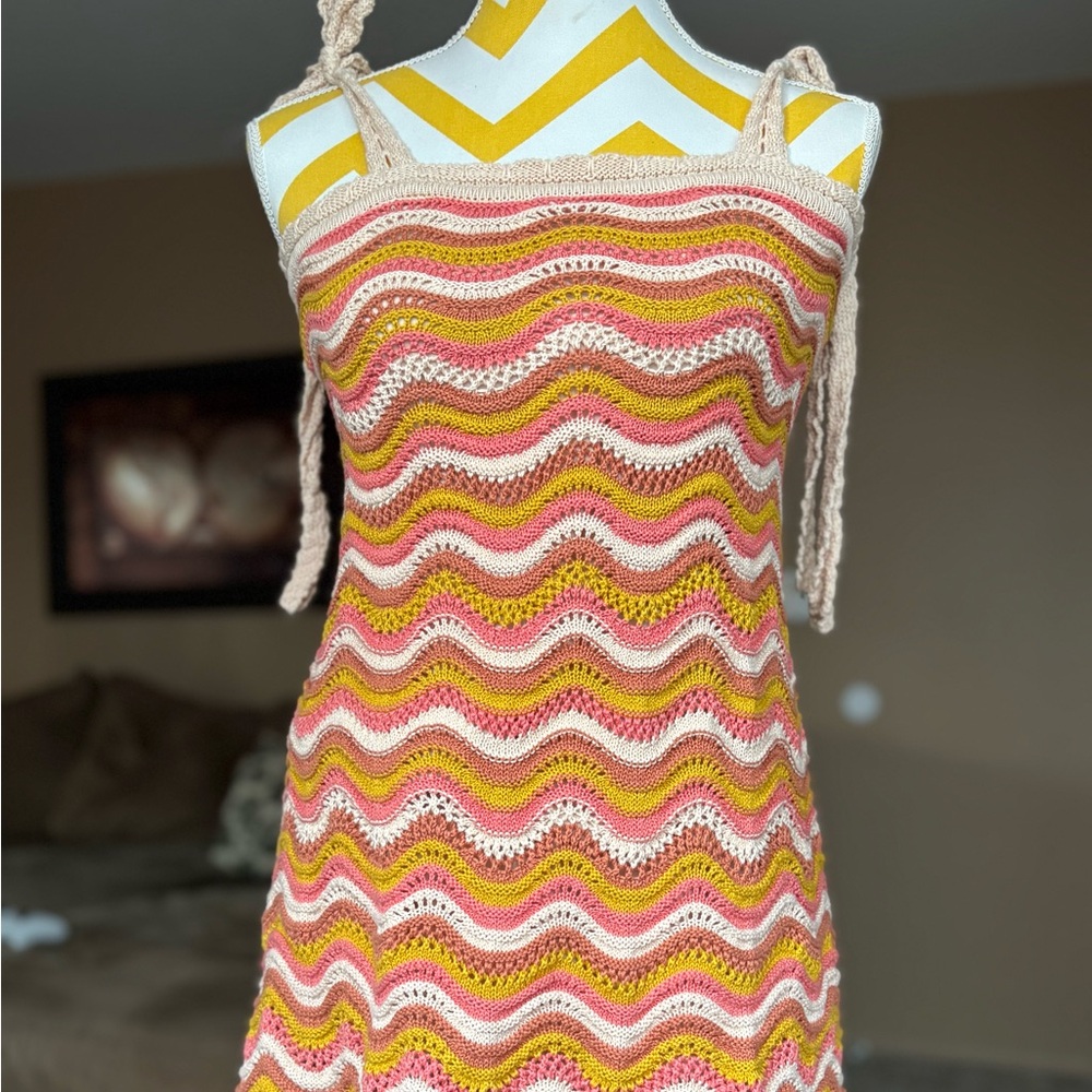 Lulu's Pink and Orange Wave Mini Crochet Dress